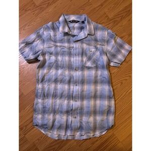 Travis Mathew Shirt Mens Large Blue Check Casual Button Cotton Short Sleeve